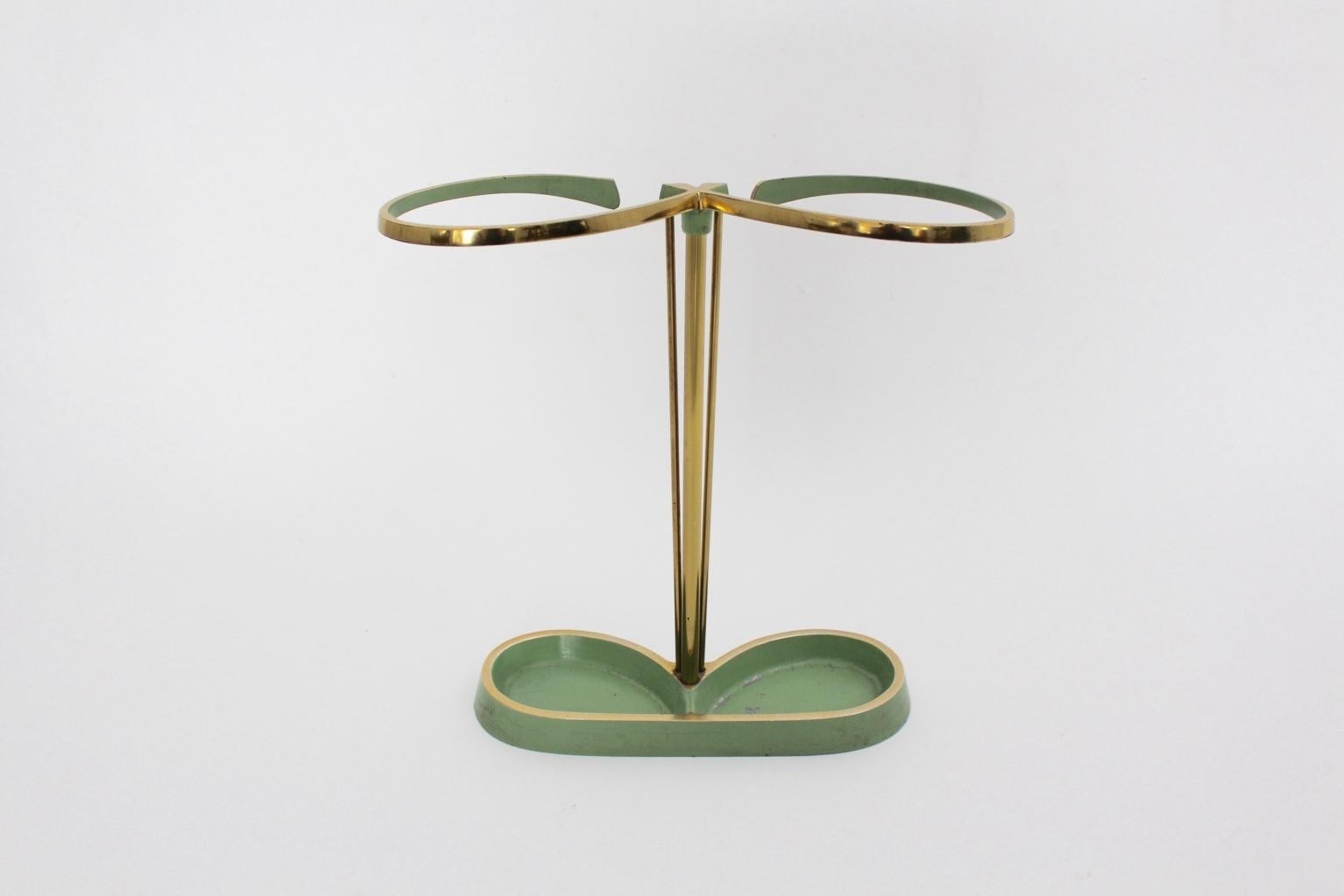 Mid-Century Modern Vintage Green Brass Aluminium Umbrella Stand Cane Holder 1950 In Good Condition For Sale In Vienna, AT