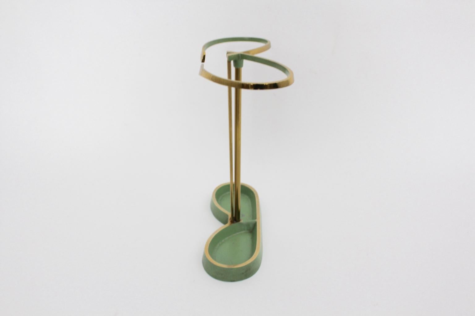 20th Century Mid-Century Modern Vintage Green Brass Aluminium Umbrella Stand Cane Holder 1950 For Sale