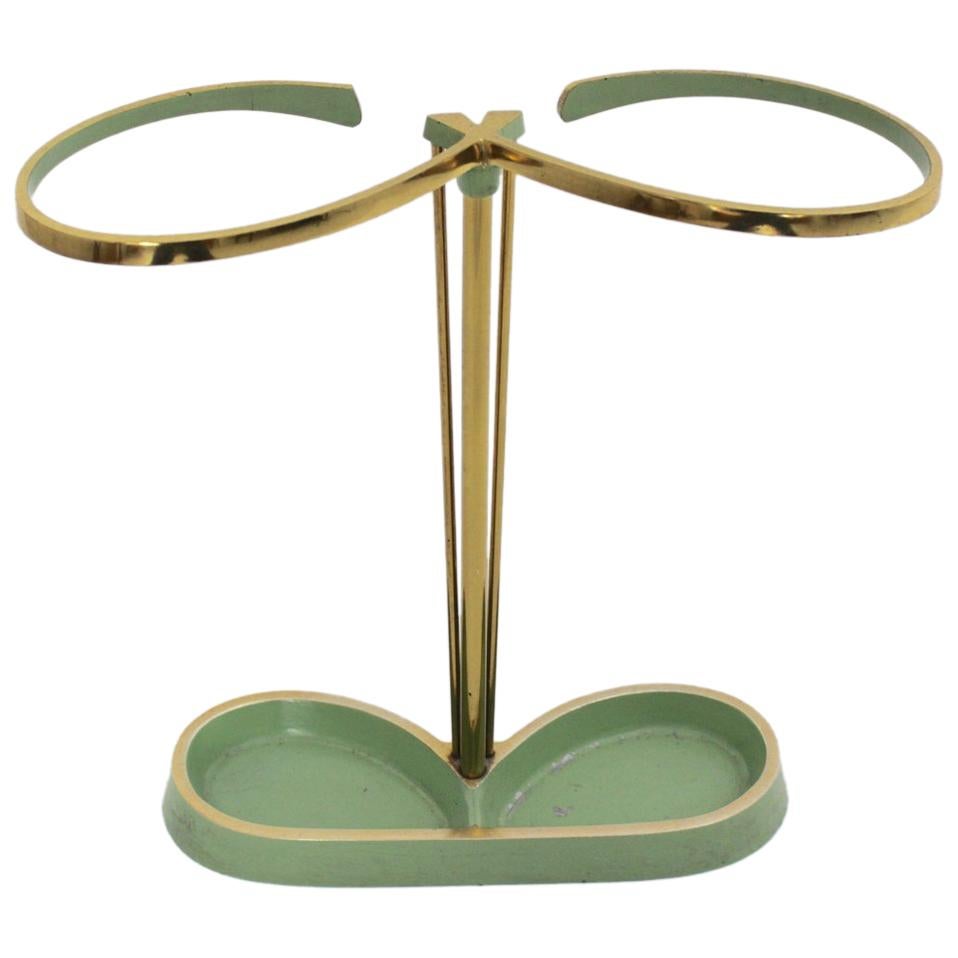 Mid-Century Modern Vintage Green Brass Aluminium Umbrella Stand Cane Holder 1950 For Sale