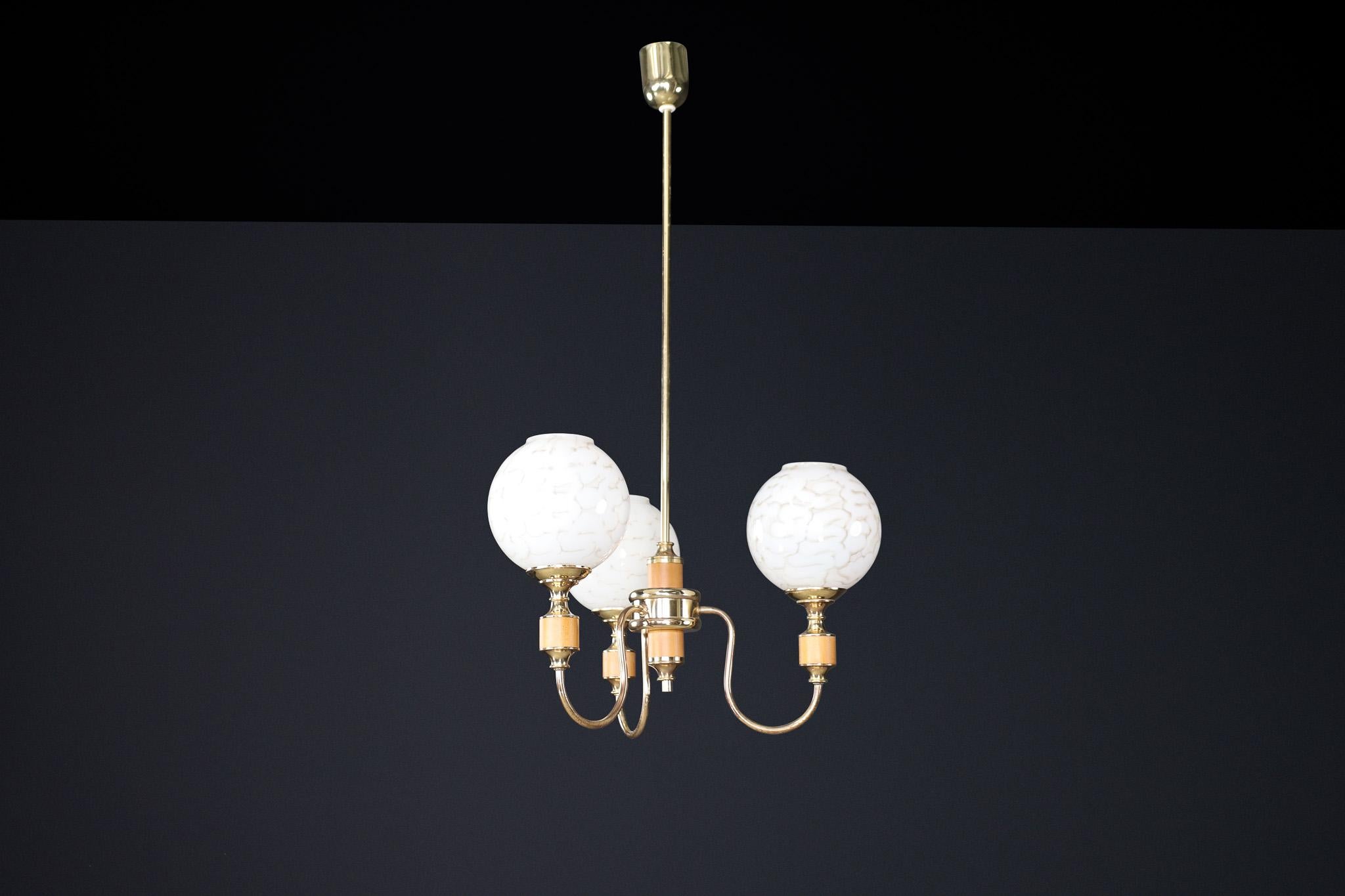 Late 20th Century Mid-Century Modern Brass and Art Glass Chandelier, Czech Republic 1970s For Sale