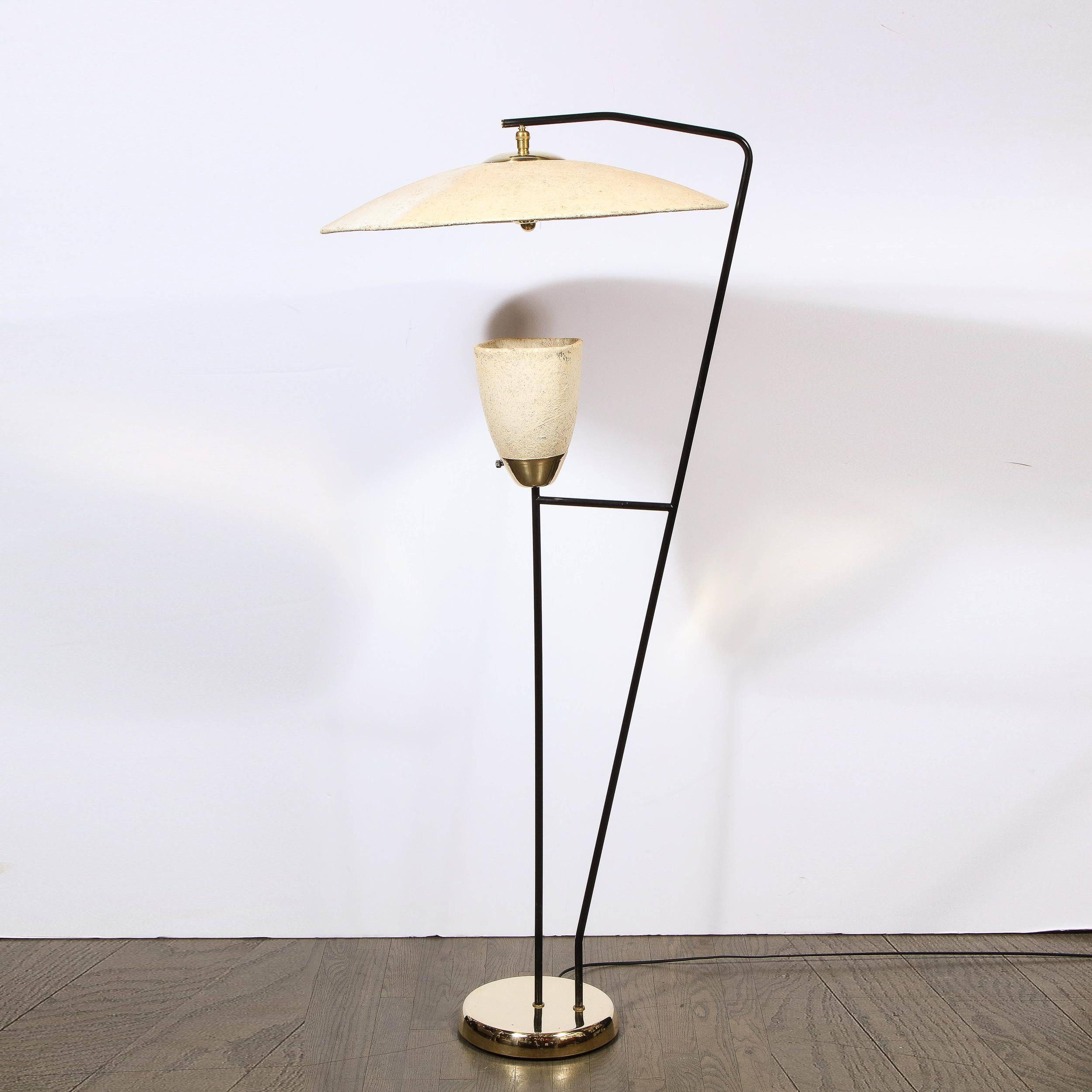Mid-Century Modern Brass and Black Enamel Floor Lamp with Formica Shades 5