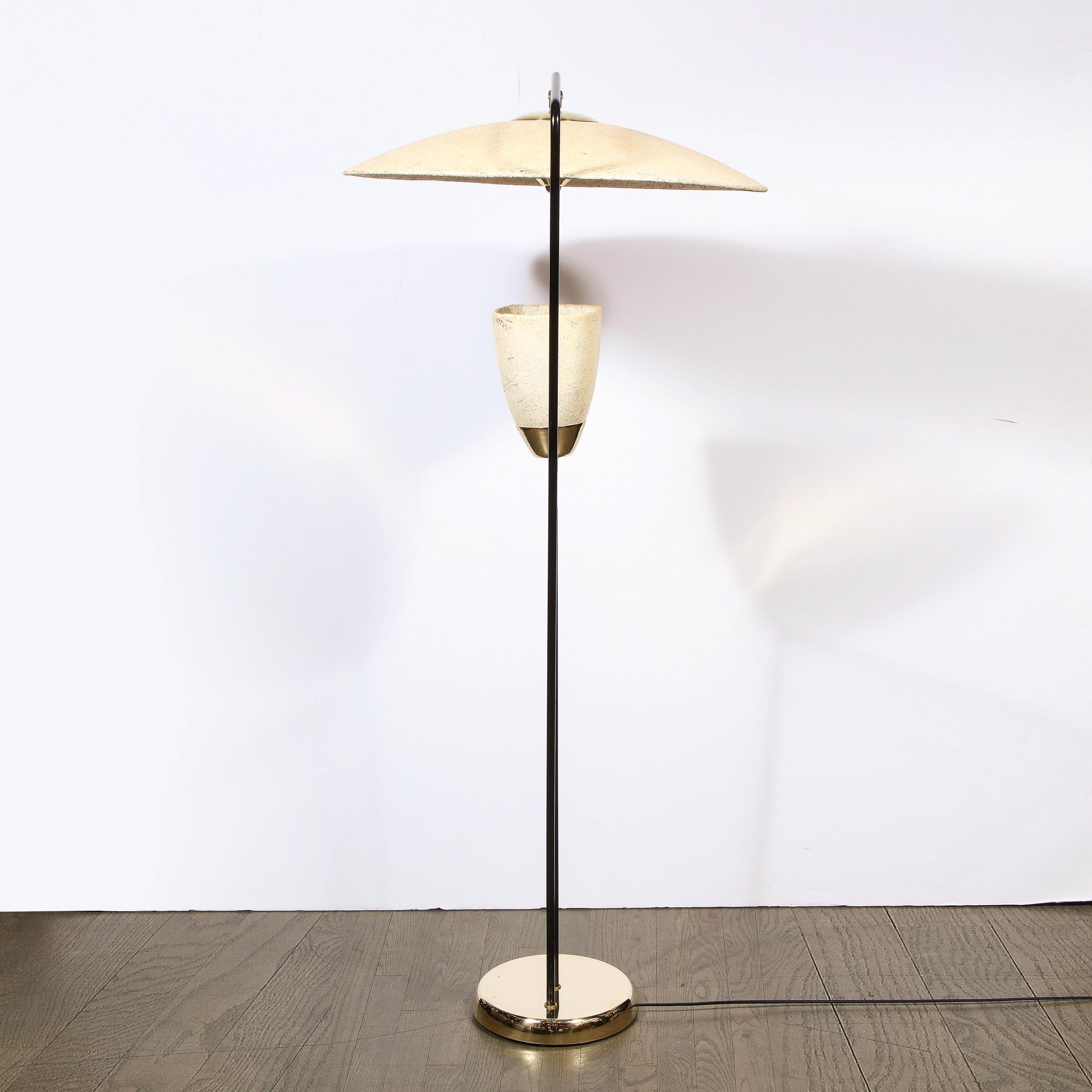 Mid-Century Modern Brass and Black Enamel Floor Lamp with Formica Shades 8