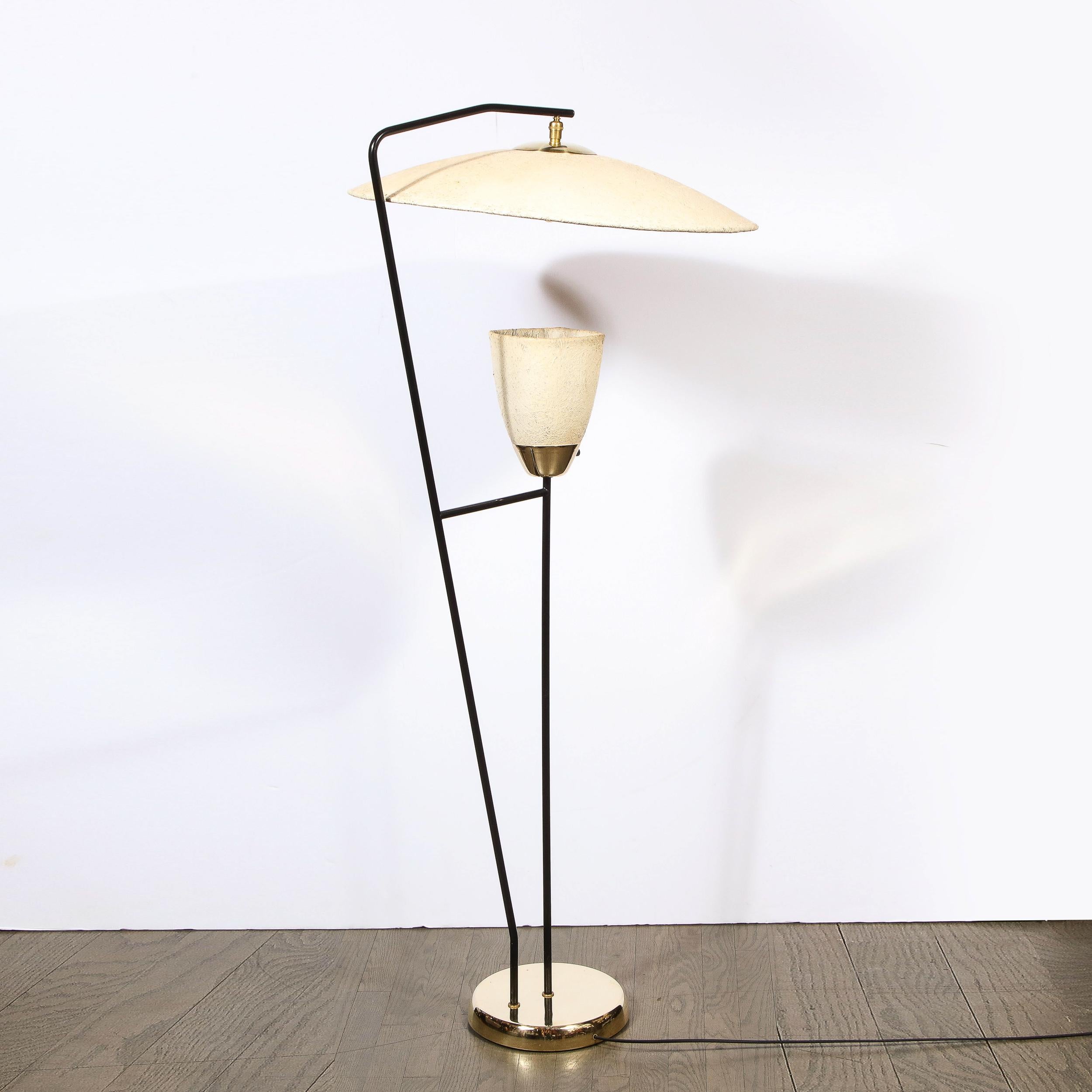 Mid-Century Modern Brass and Black Enamel Floor Lamp with Formica Shades 10