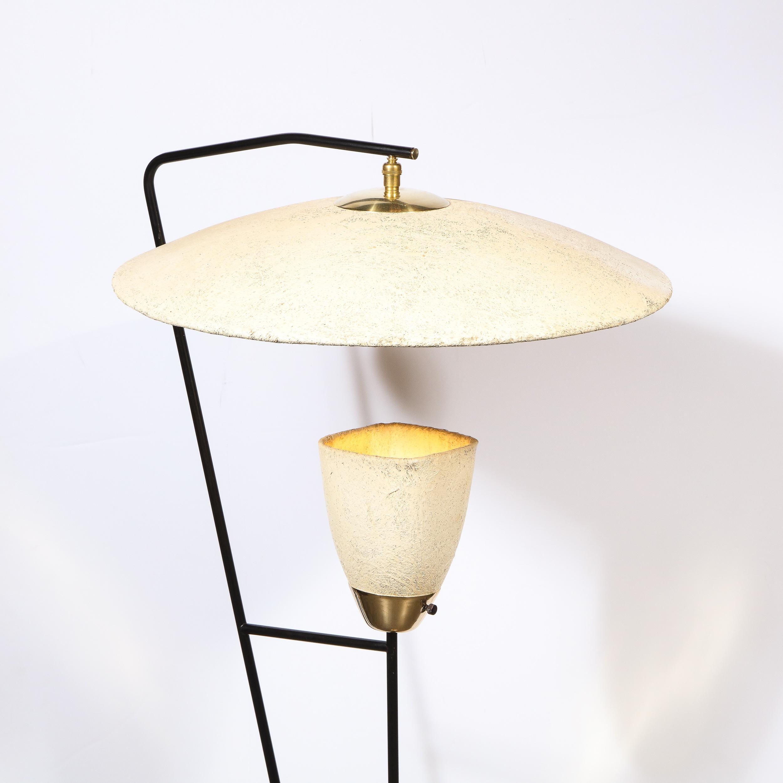 American Mid-Century Modern Brass and Black Enamel Floor Lamp with Formica Shades