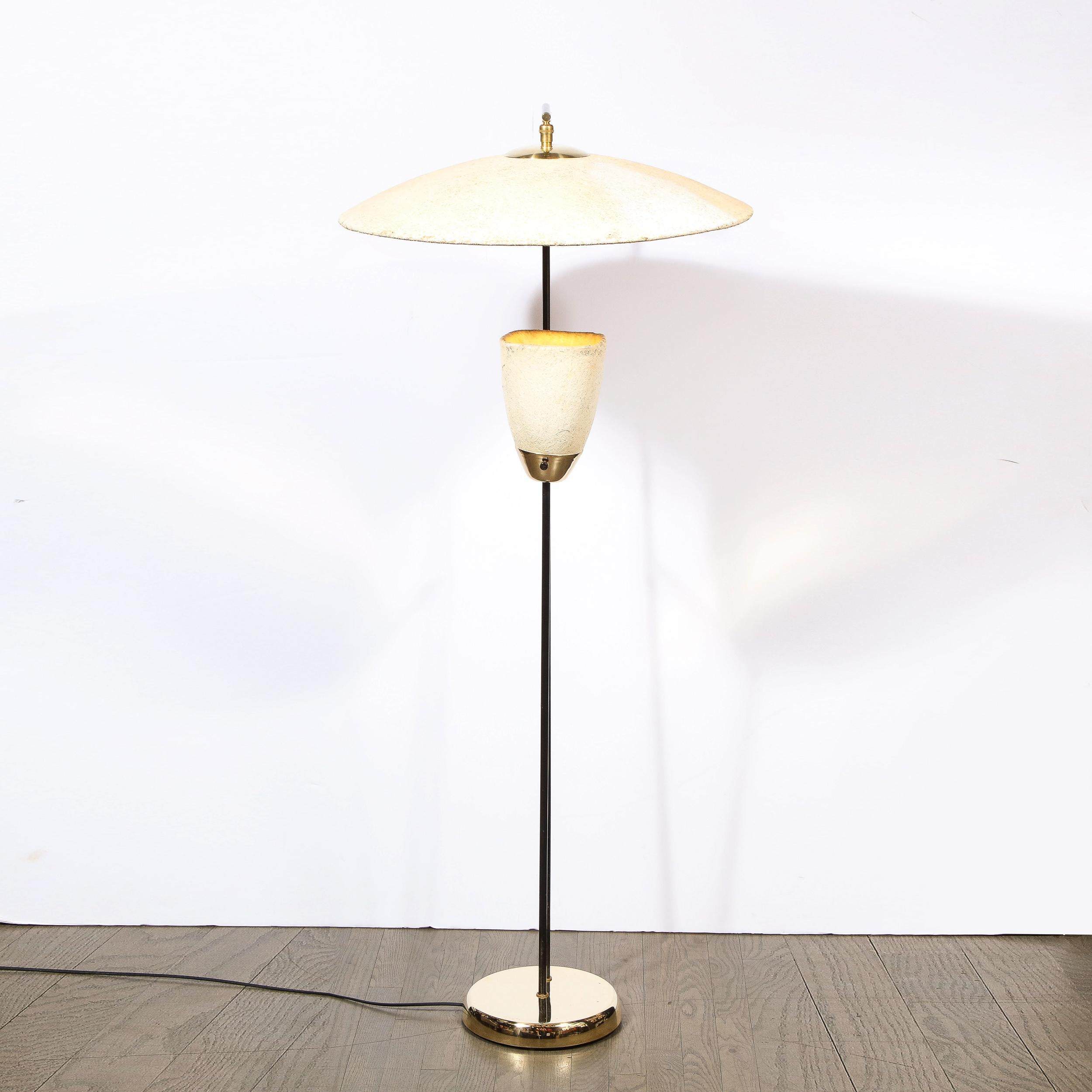 Mid-Century Modern Brass and Black Enamel Floor Lamp with Formica Shades 2