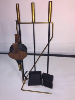 Mid-Century Modern Brass and Black Iron Modernist Firetool Set