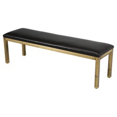 Mid-Century Modern Brass and Black Leather Bench