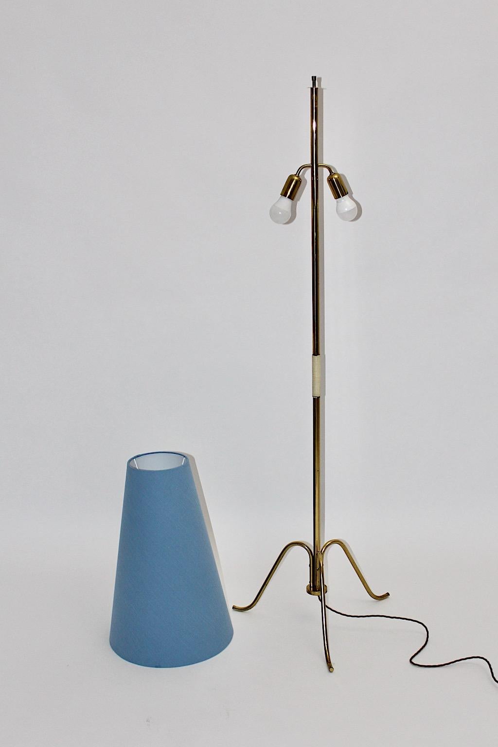 Mid-Century Modern Brass and Denim Blue Vintage Floor Lamp, Vienna Austria 1950s For Sale 6