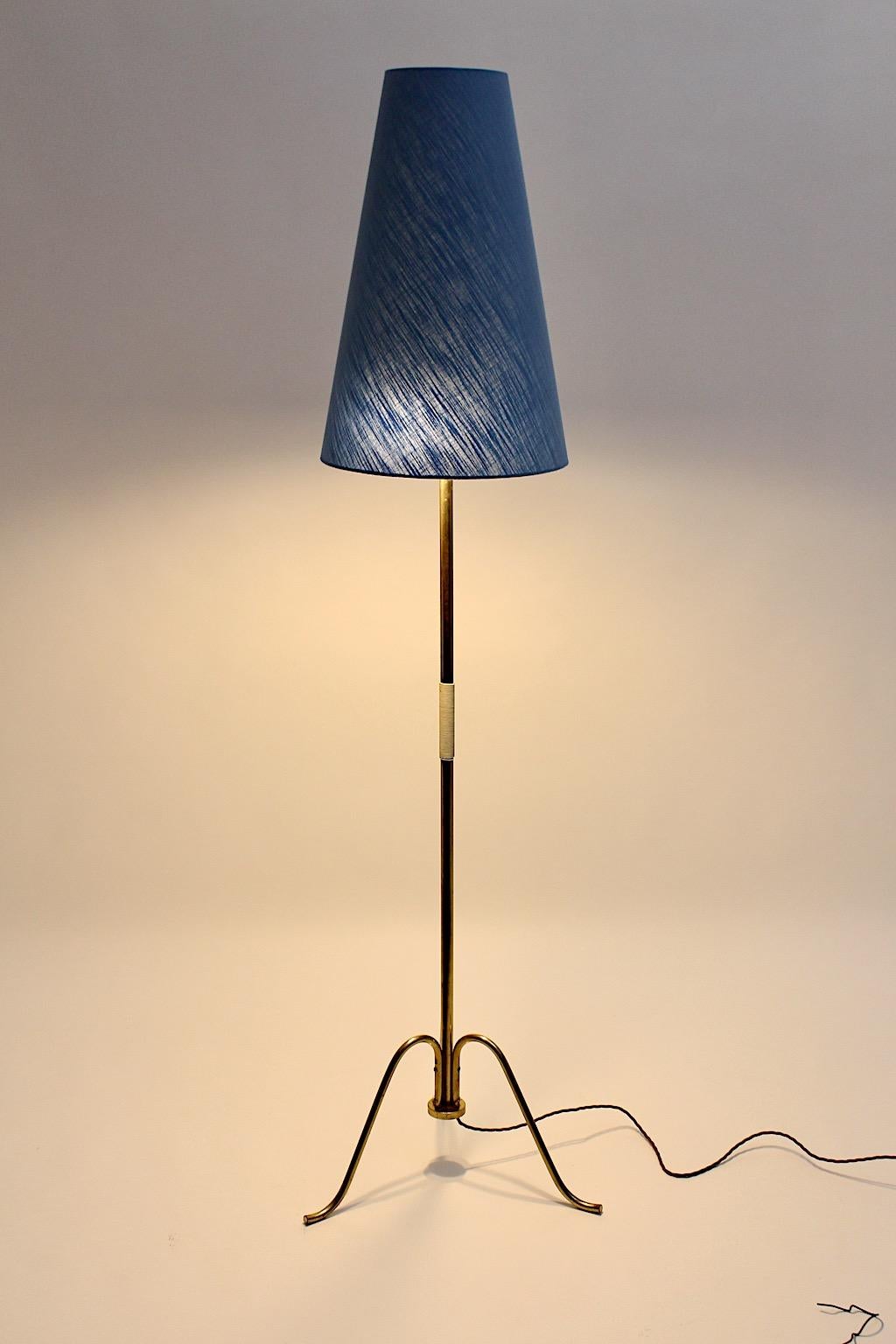 Austrian Mid-Century Modern Brass and Denim Blue Vintage Floor Lamp, Vienna Austria 1950s For Sale