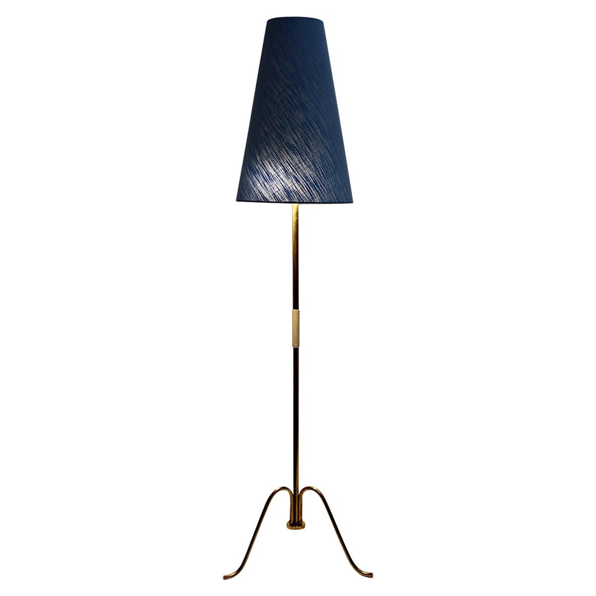 Mid-Century Modern Brass and Blue Vintage Floor Lamp, Vienna, Austria, 1950s