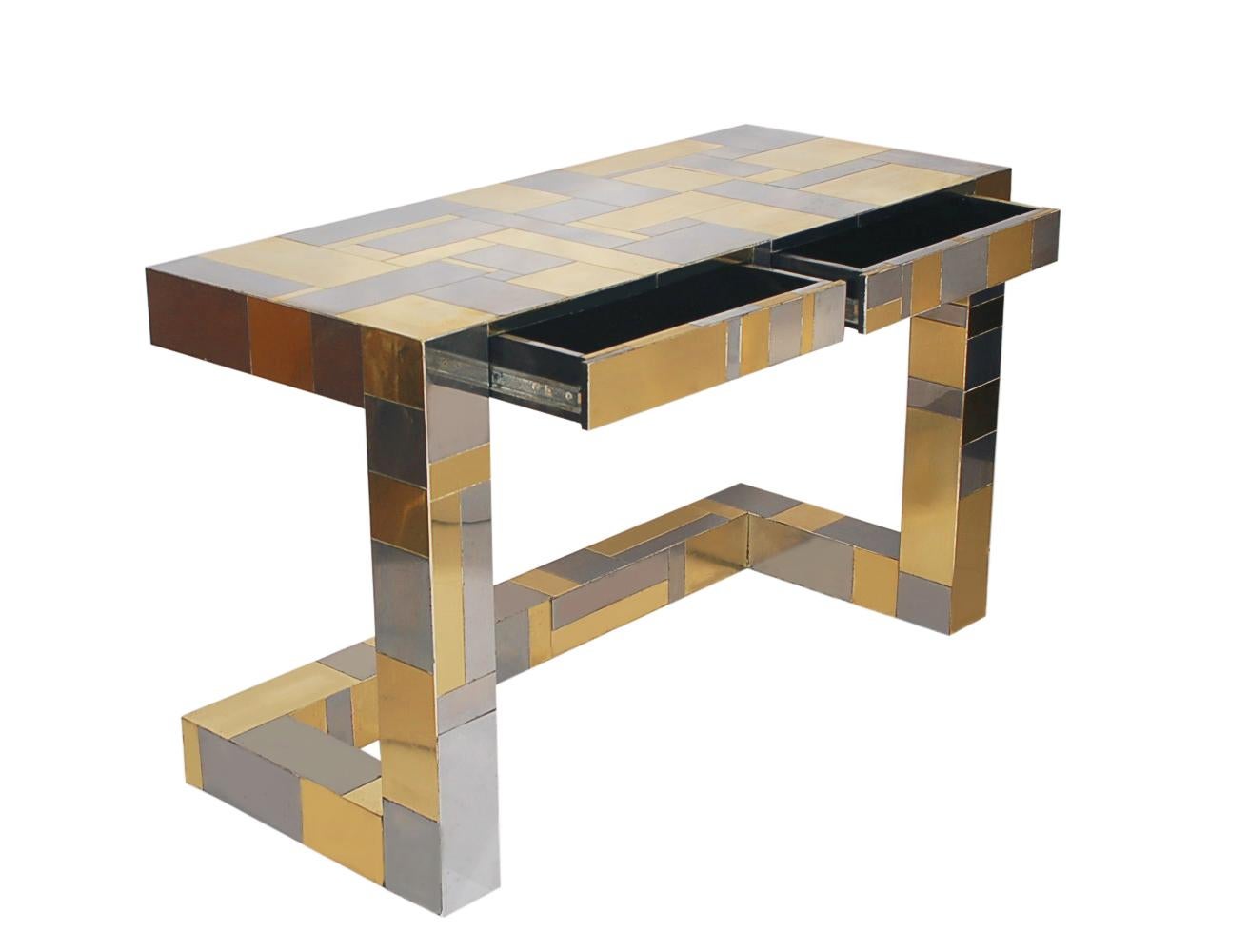 American Mid-Century Modern Brass and Chrome Cityscape Desk by Paul Evans for Directional