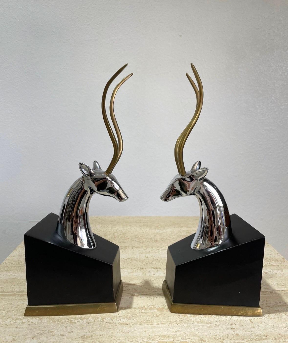 Mid-Century Modern Mid Century Modern Brass and Chrome Gazelle Antelope Bookends - a Pair