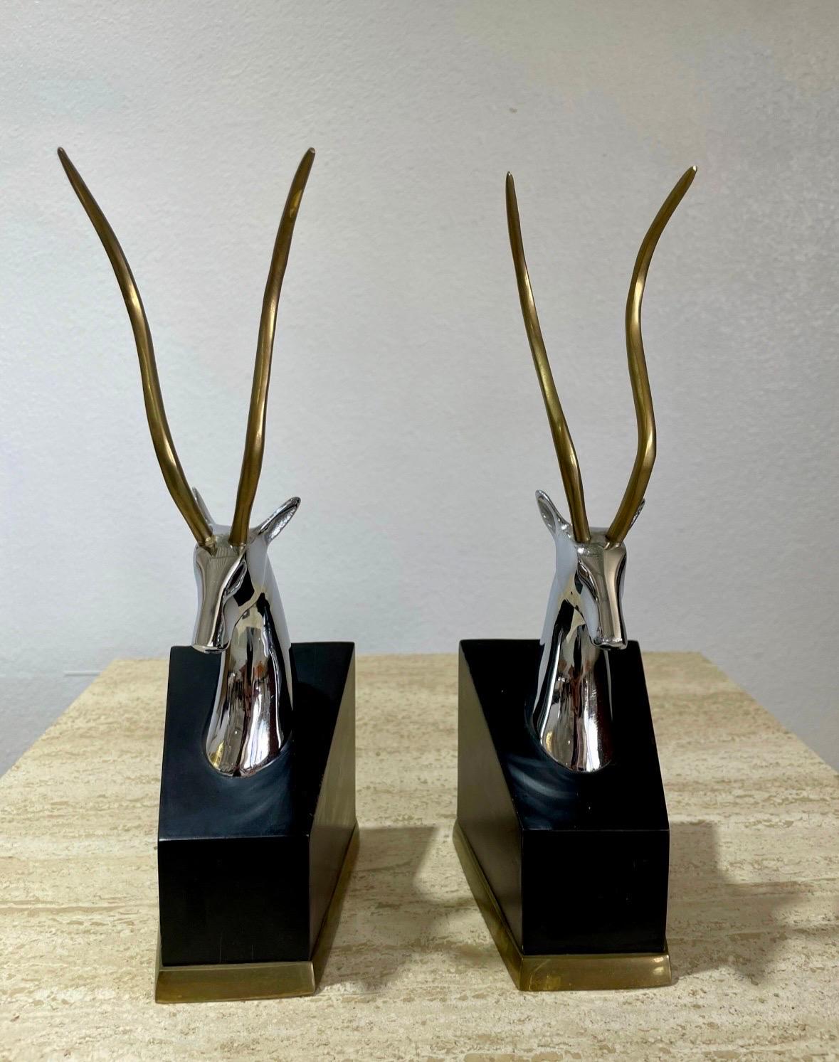 American Mid Century Modern Brass and Chrome Gazelle Antelope Bookends - a Pair