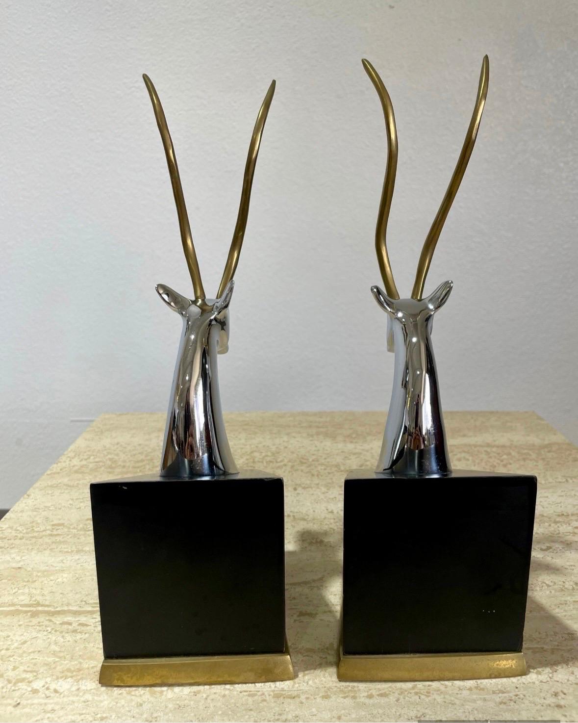 Cast Mid Century Modern Brass and Chrome Gazelle Antelope Bookends - a Pair