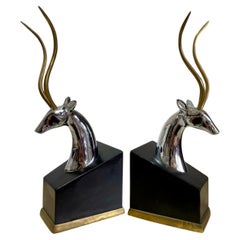 Mid Century Modern Brass and Chrome Gazelle Antelope Bookends - a Pair