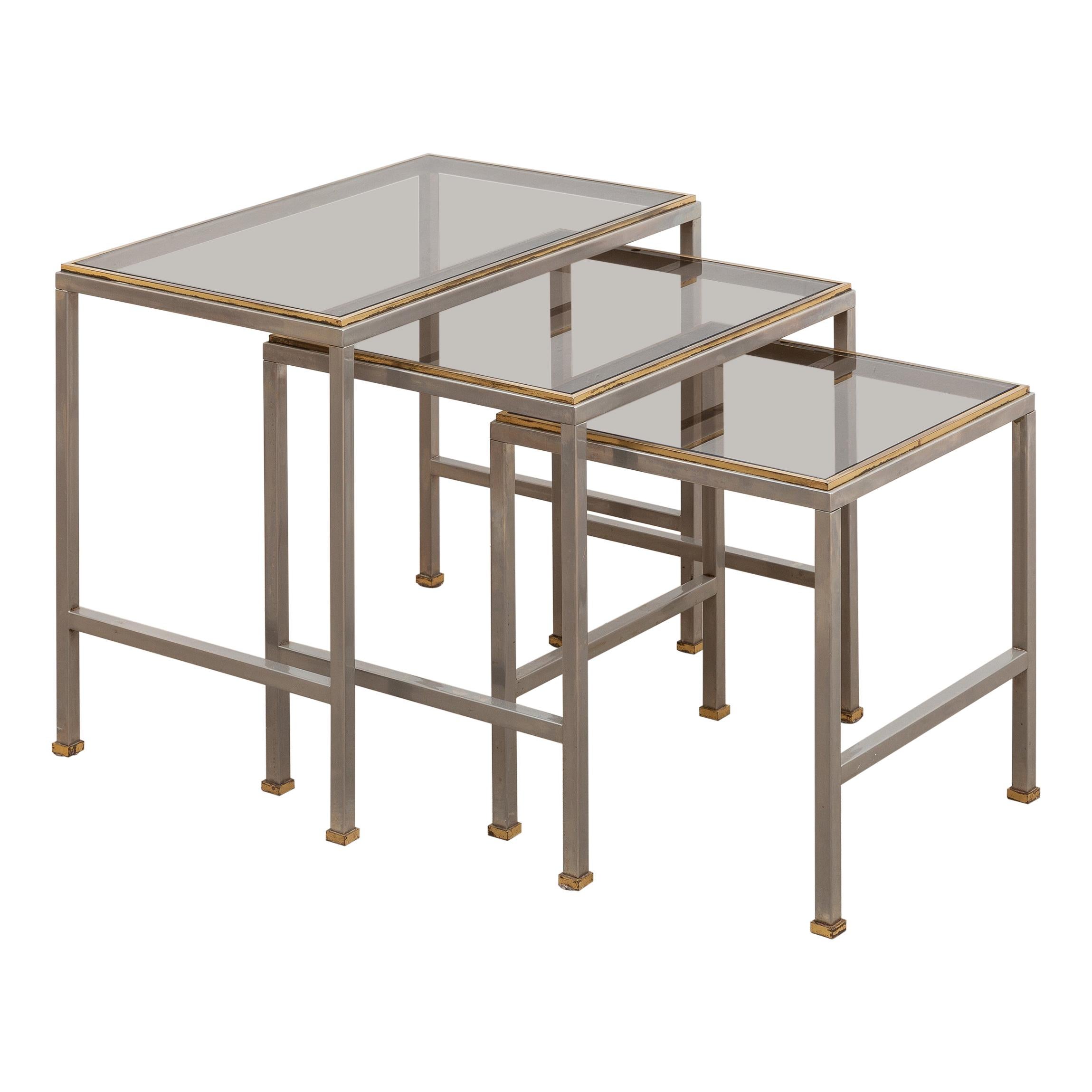 Mid-Century Modern Brass and Chrome Nesting Tables, Side Tables For Sale