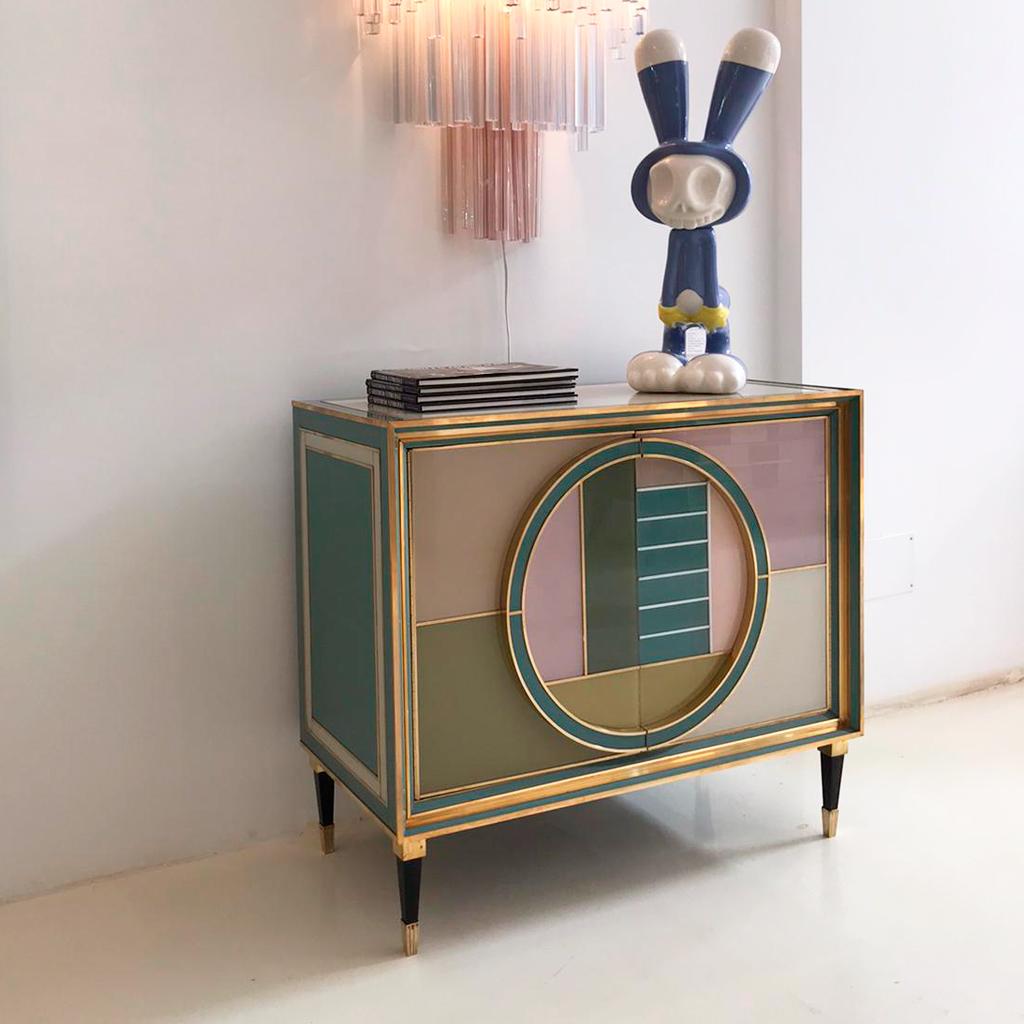 Mid-Century Modern Brass and Colored Glass Pair of Italian Sideboards For Sale 6