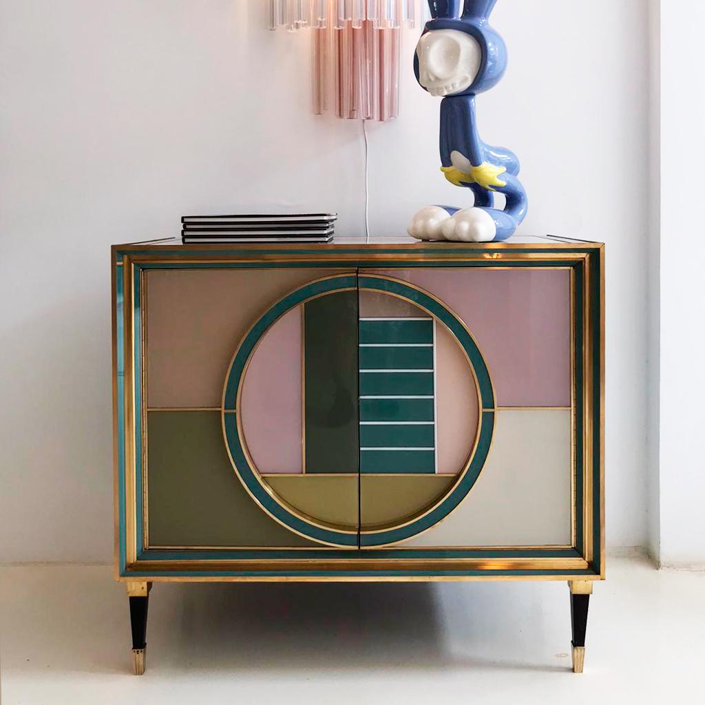 Mid-Century Modern Brass and Colored Glass Pair of Italian Sideboards For Sale 7