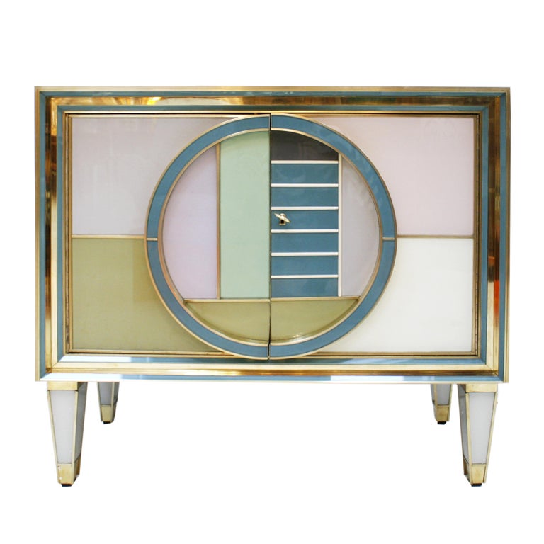 Mid Century Modern Brass And Colored Glass Pair Of Italian