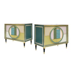 Mid-Century Modern Brass and Colored Glass Pair of Italian Sideboards