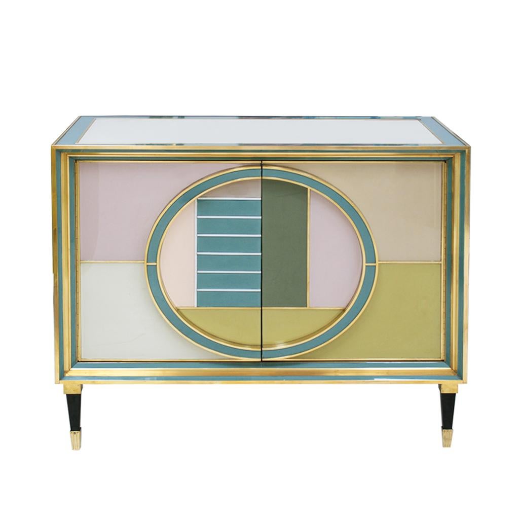 Mid-20th Century Mid-Century Modern Brass and Colored Glass Pair of Italian Sideboards For Sale