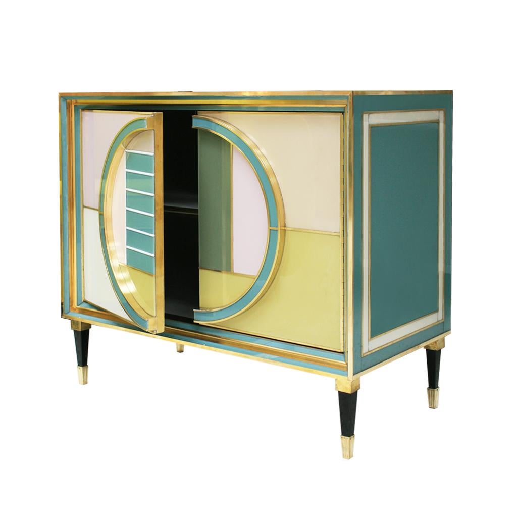 Wood Mid-Century Modern Brass and Colored Glass Pair of Italian Sideboards For Sale