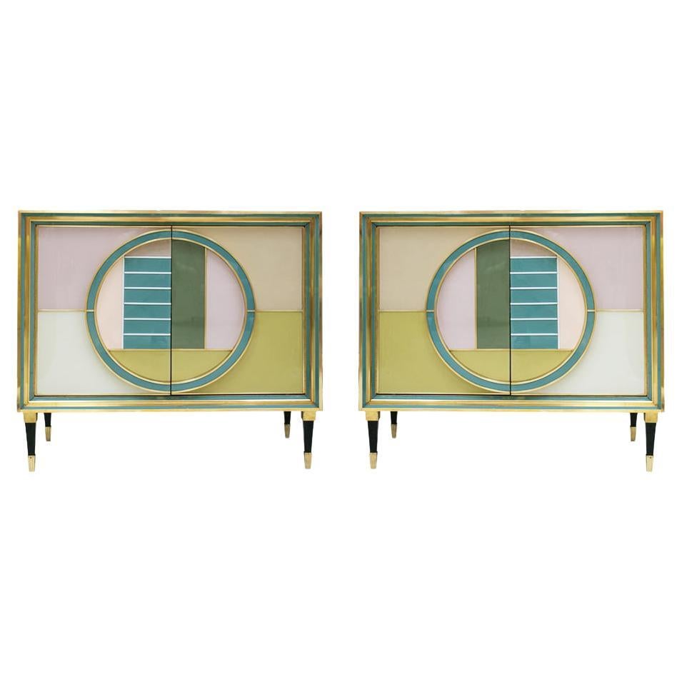 Mid-Century Modern Brass and Colored Glass Pair of Italian Sideboards
