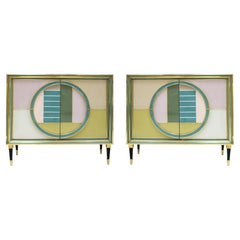 Mid-Century Modern Brass and Colored Glass Pair of Italian Sideboards
