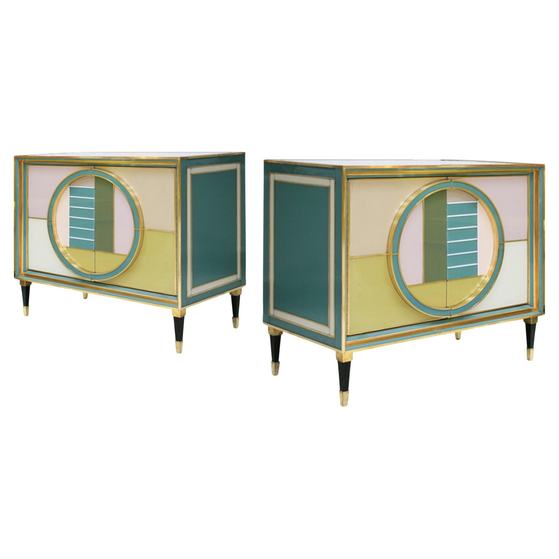Mid-Century Modern Brass and Colored Glass Pair of Italian Sideboards