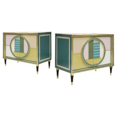Mid-Century Modern Brass and Colored Glass Pair of Italian Sideboards