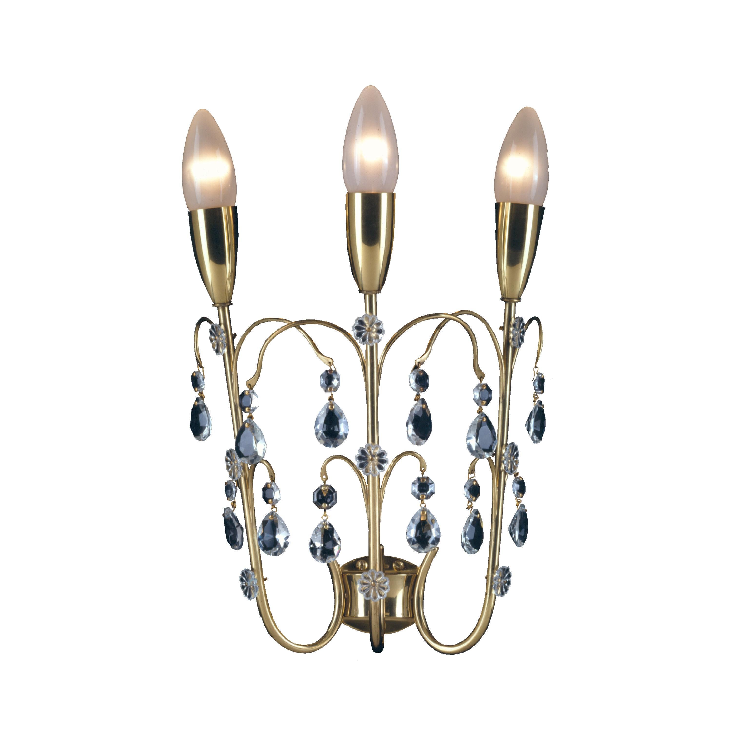 Hand-Crafted Mid-Century Modern Brass and Crystal Glass Wall Light Sconce, Re Edition For Sale
