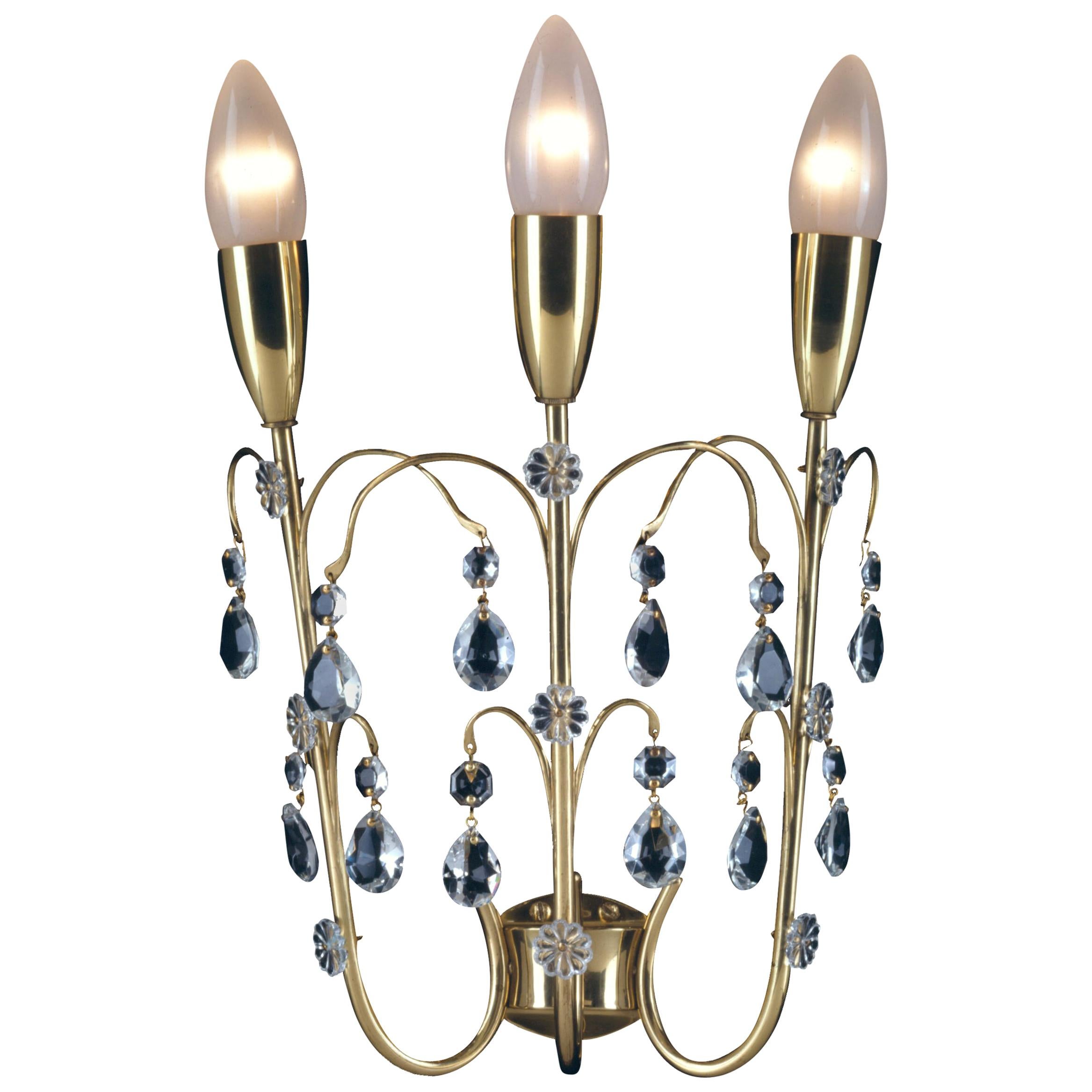 Mid-Century Modern Brass and Crystal Glass Wall Light Sconce, Re Edition For Sale