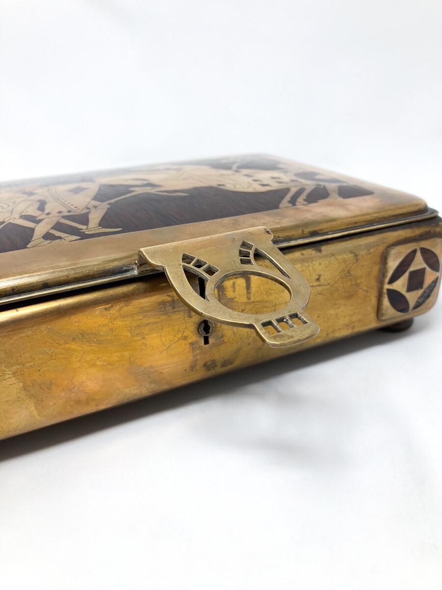 Scatola di carte da gioco in ottone e legno esotico della modernità di metà secolo in vendita 2