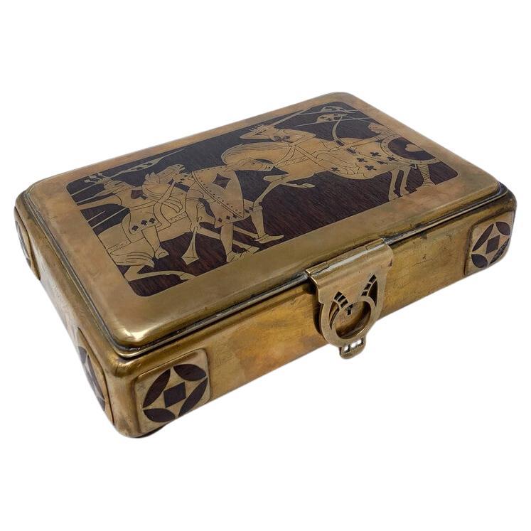 Mid-Century Modern Brass and Exotic Wood Playing Card Box For Sale