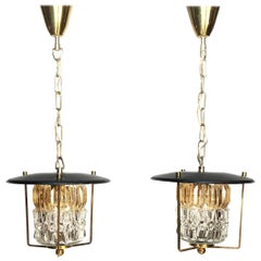 Mid-Century Modern Brass and Faceted Glass Lantern Pendants, 1960s, Italy