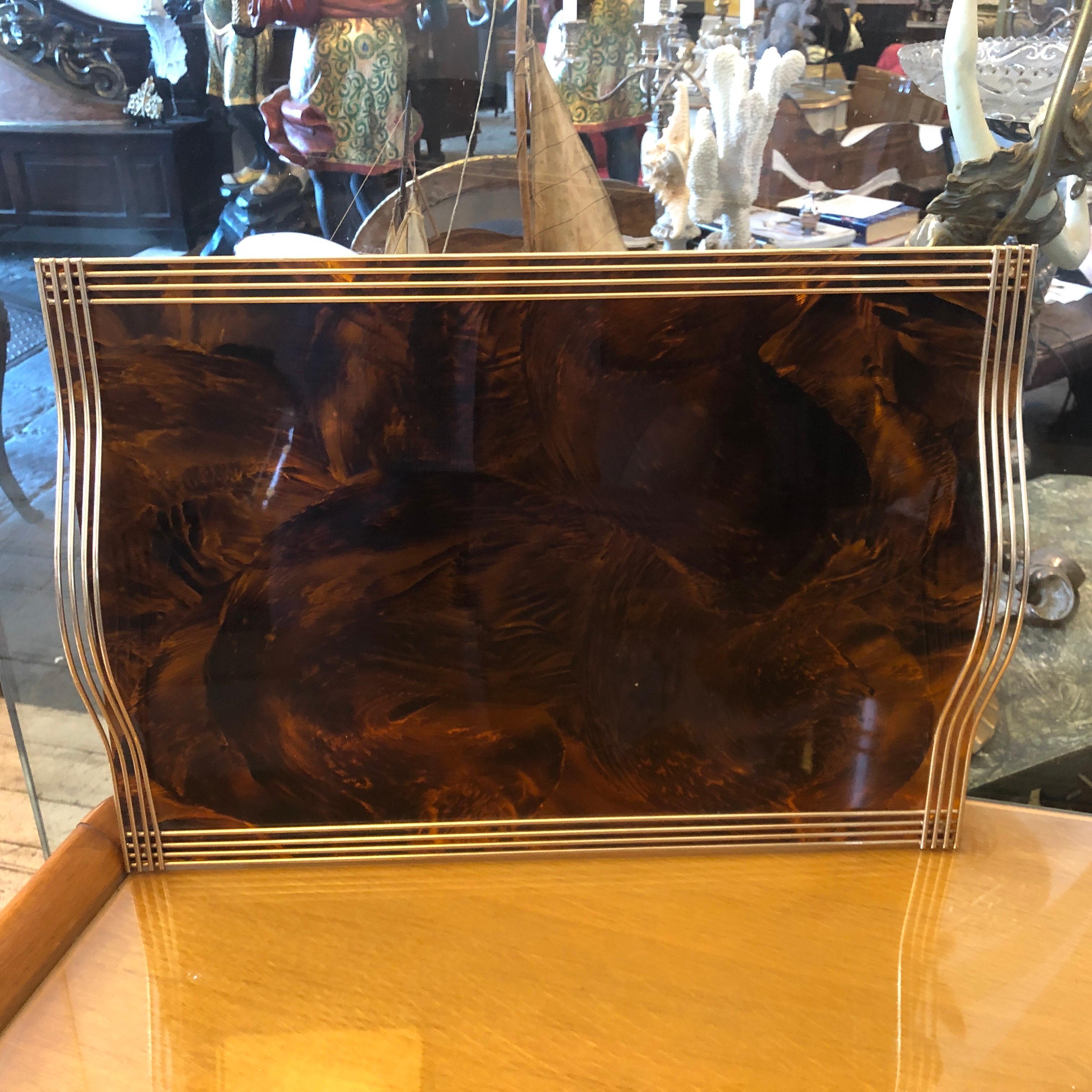 A stylish serving tray in the manner of Gabriella Crespi. Lucite and brass are in very good conditions.