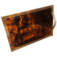 Mid-Century Modern Brass and Fake Tortoise Lucite Serving Tray, circa 1960
