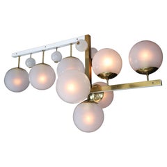 Mid-Century Modern Brass and Frosted Glass Chandelier, Prague, 1960s
