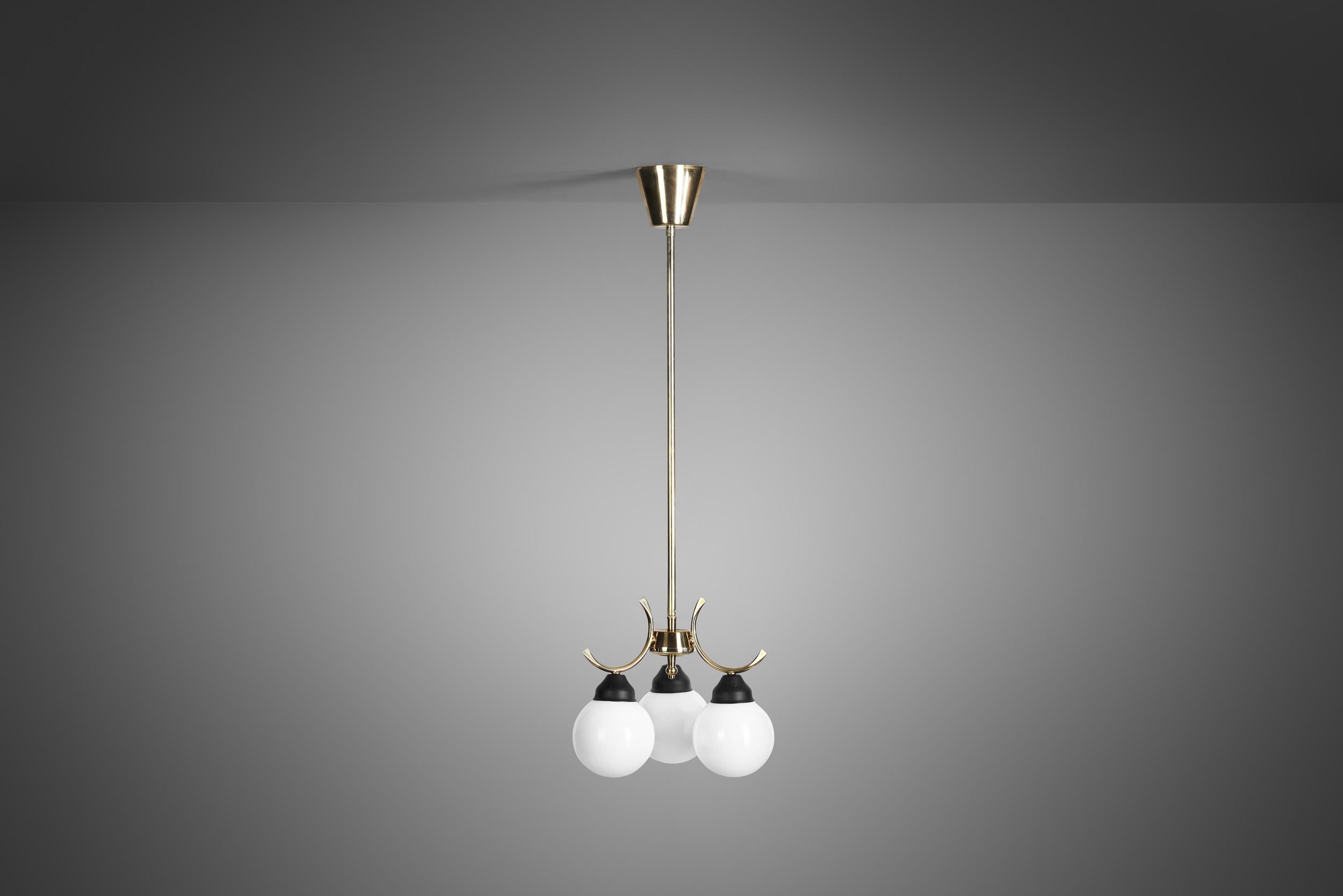 European Mid-Century Modern Brass and Glass Ceiling Lamp, Europe, circa 1950s For Sale