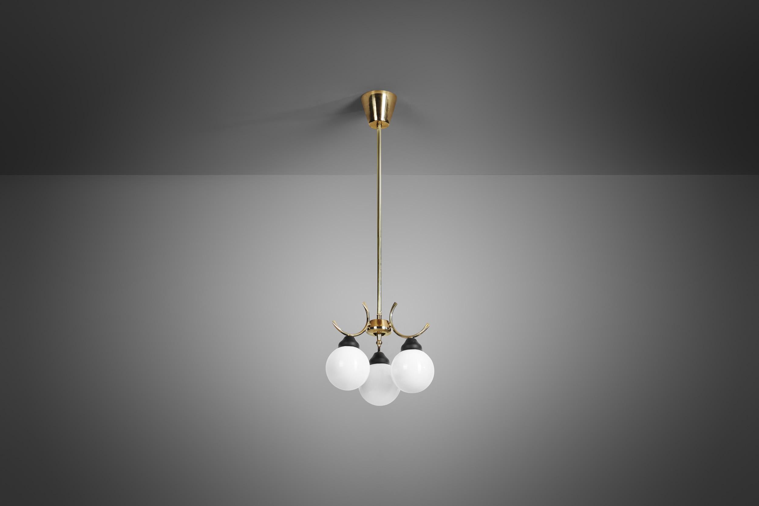 Mid-20th Century Mid-Century Modern Brass and Glass Ceiling Lamp, Europe, circa 1950s For Sale