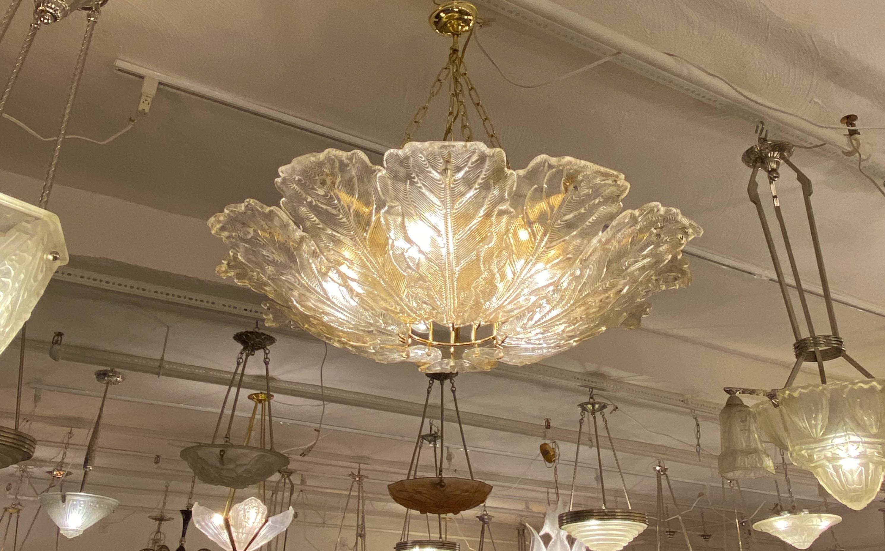 Mid Century Modern Brass and Glass Chandelier For Sale 2