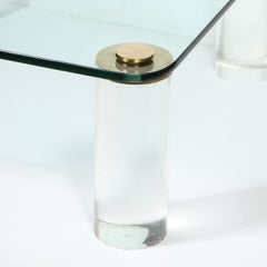 Mid-Century Modern Brass and Glass Cocktail Table with Cylindrical Lucite Legs