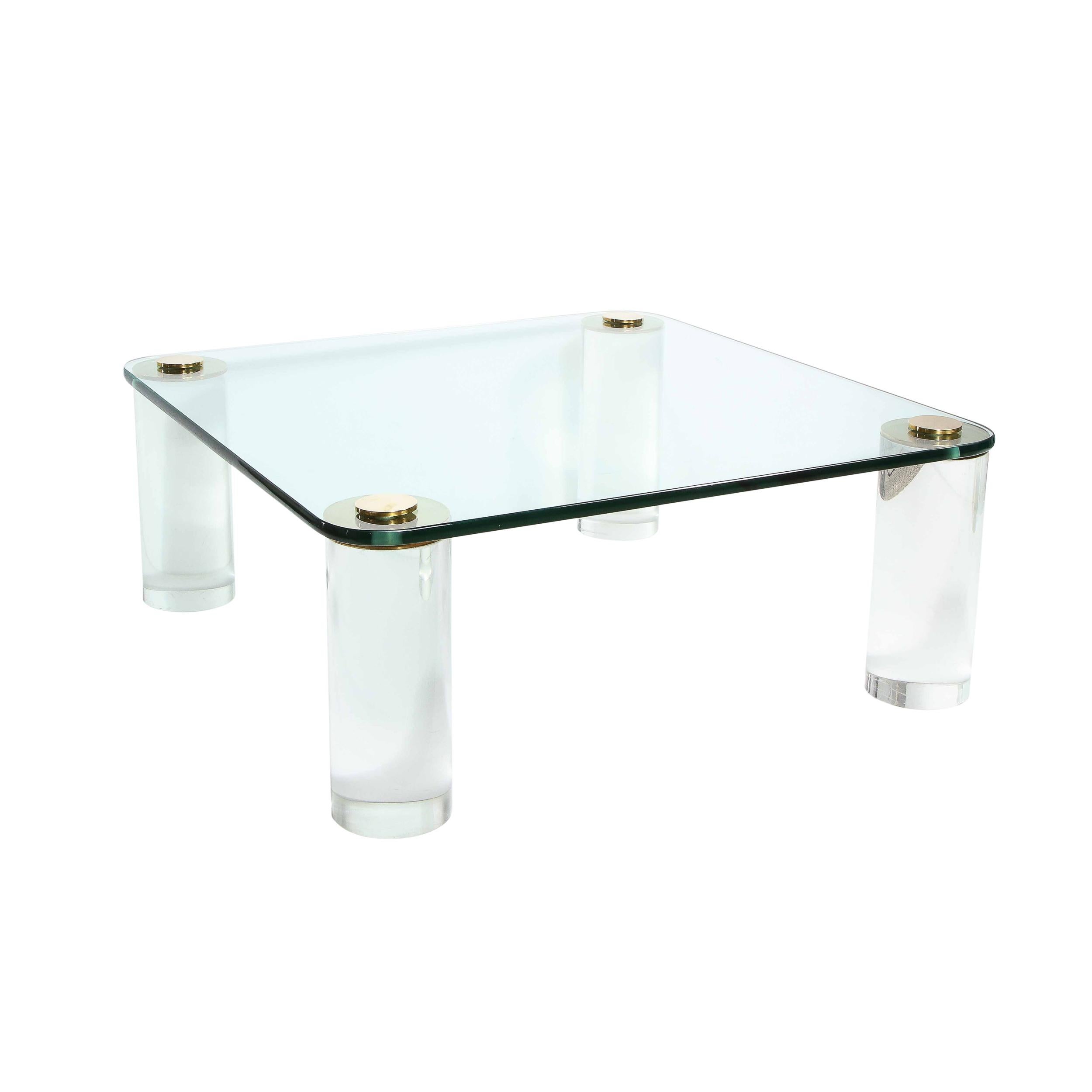 Mid-Century Modern Brass and Glass Cocktail Table with Cylindrical Lucite Legs 1