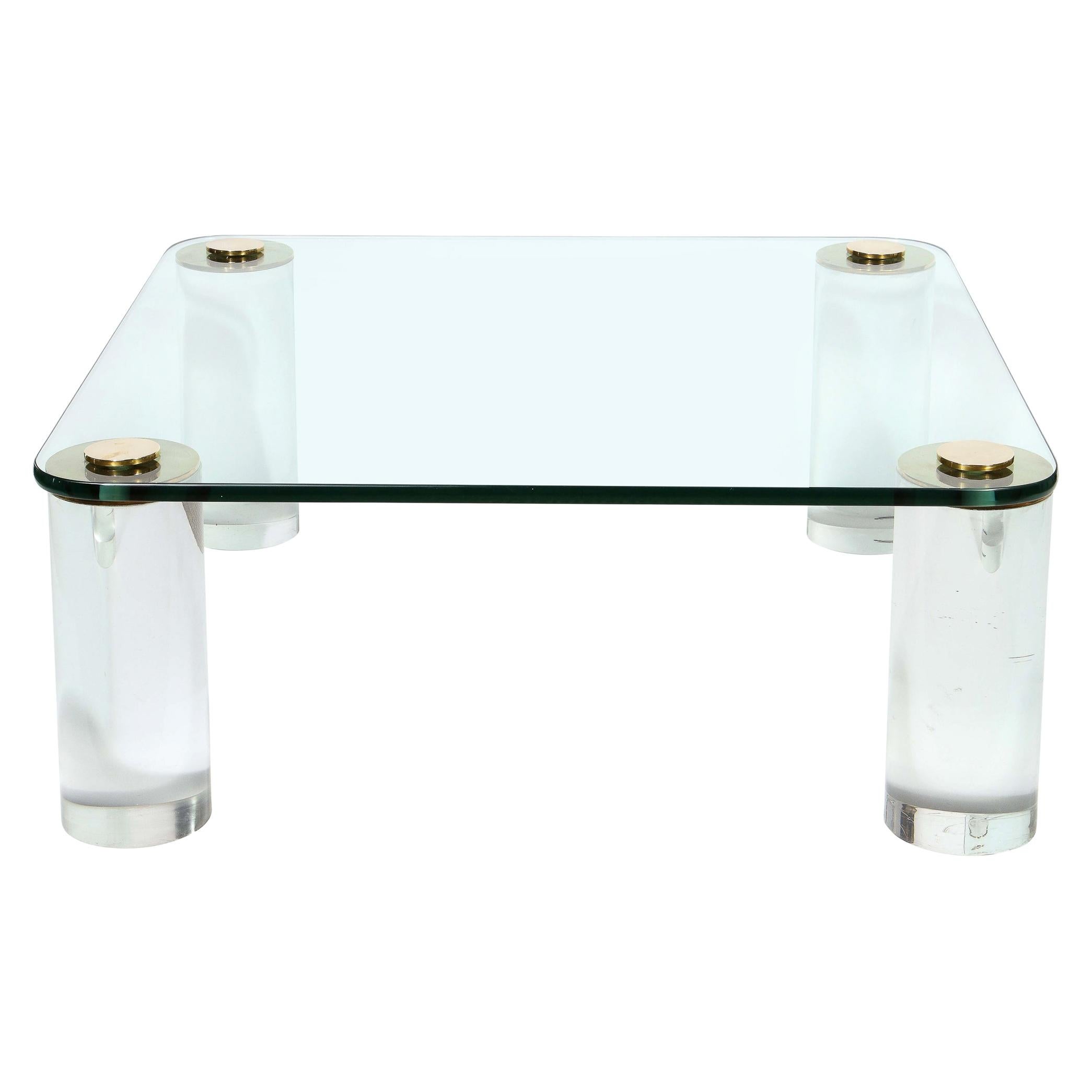 Mid-Century Modern Brass and Glass Cocktail Table with Cylindrical Lucite Legs
