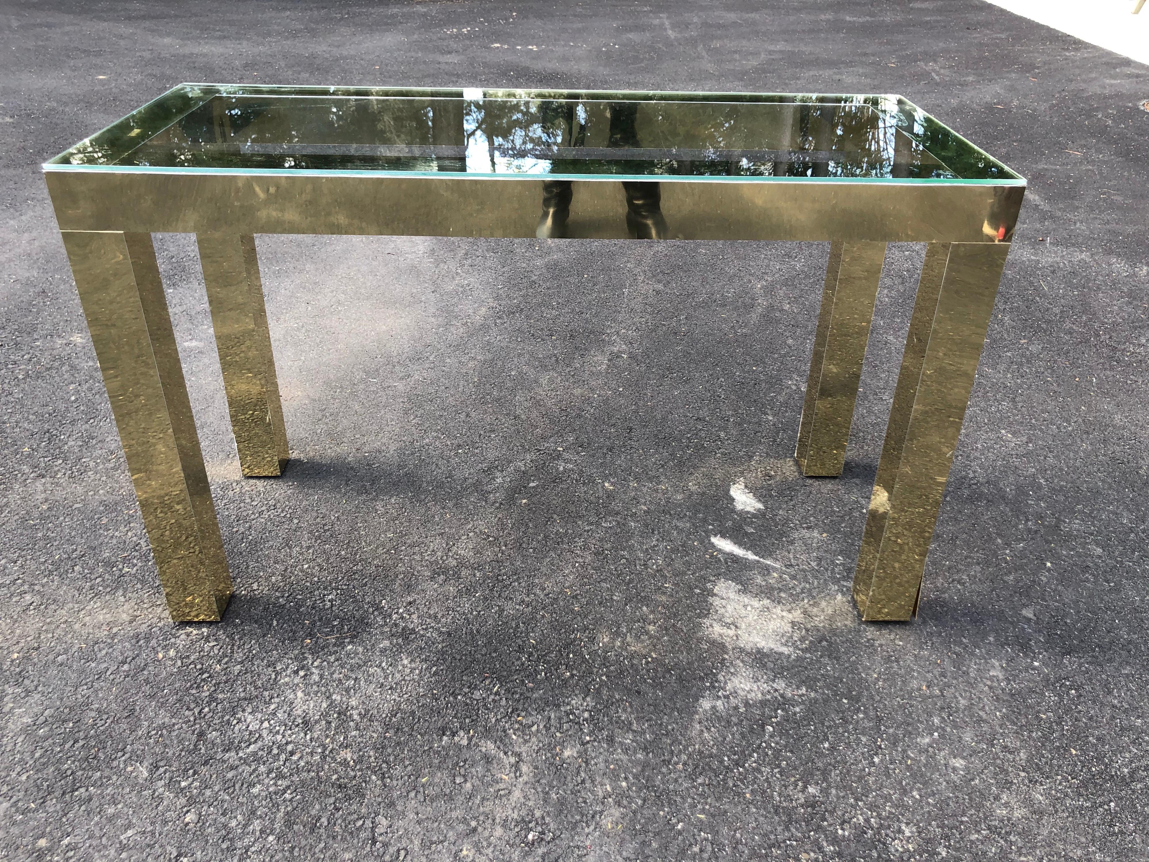 Laminated Mid-Century Modern Brass and Glass Console For Sale