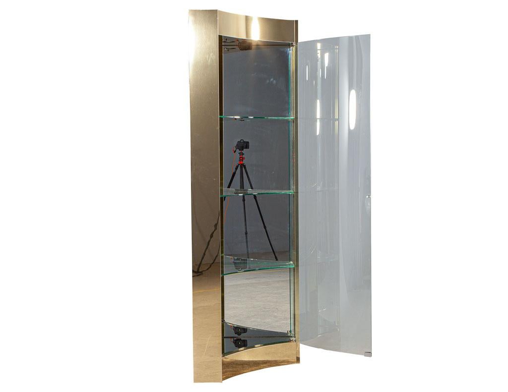 American Mid-Century Modern Brass And Glass Corner Curio Display Cabinet