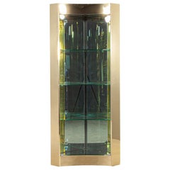 Mid-Century Modern Brass And Glass Corner Curio Display Cabinet