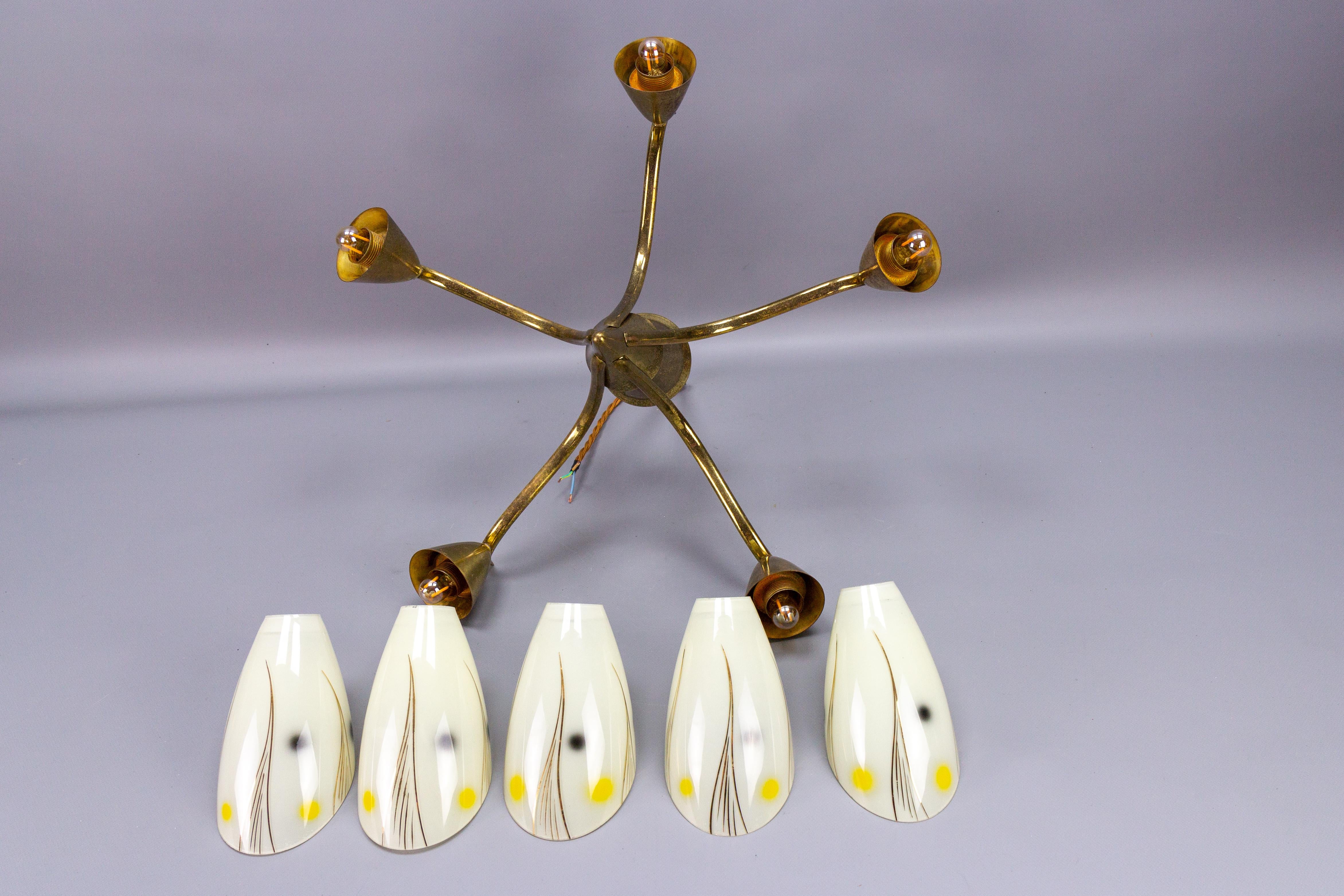 Mid-Century Modern Brass and Glass Five-Light Sputnik Chandelier, ca. 1950 For Sale 10