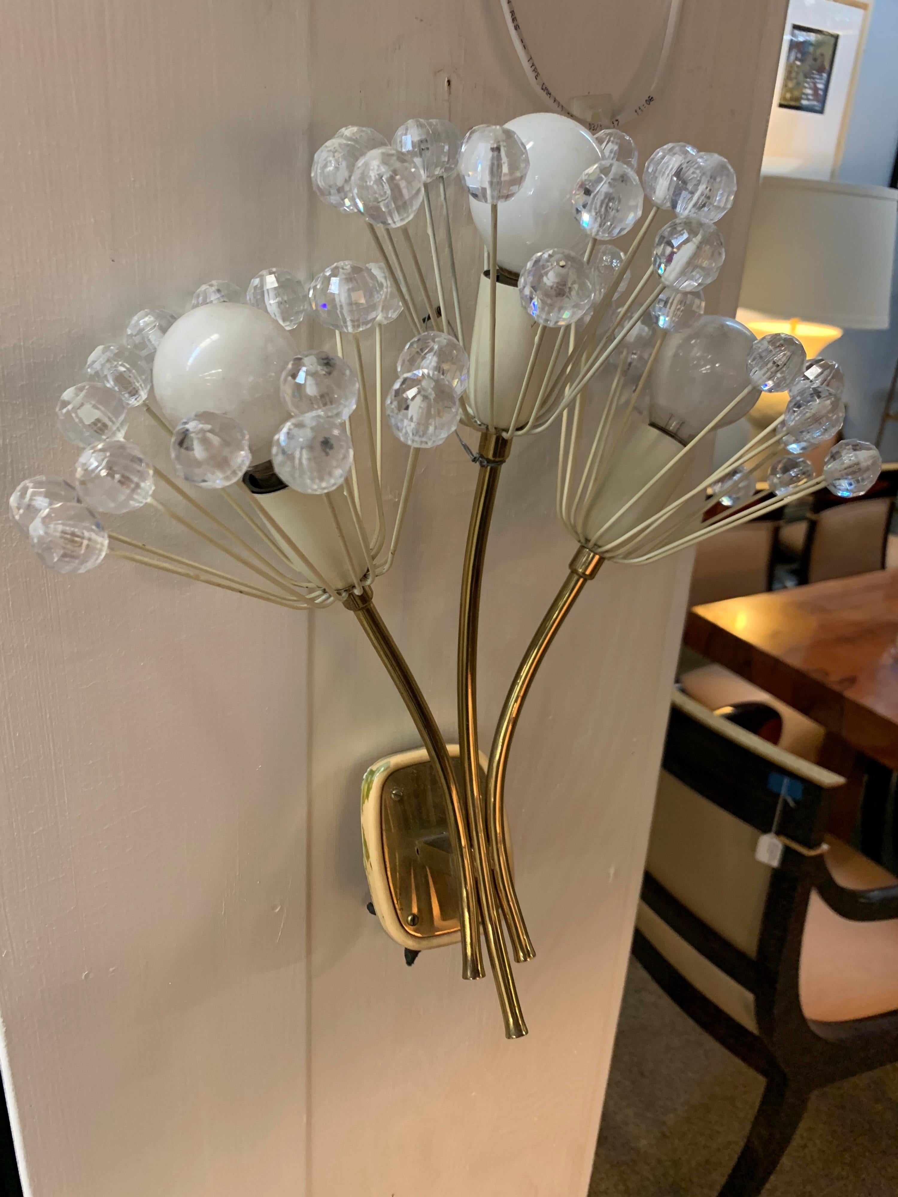 Mid-Century Modern Brass and Glass Floral Wall Sconce Light 2