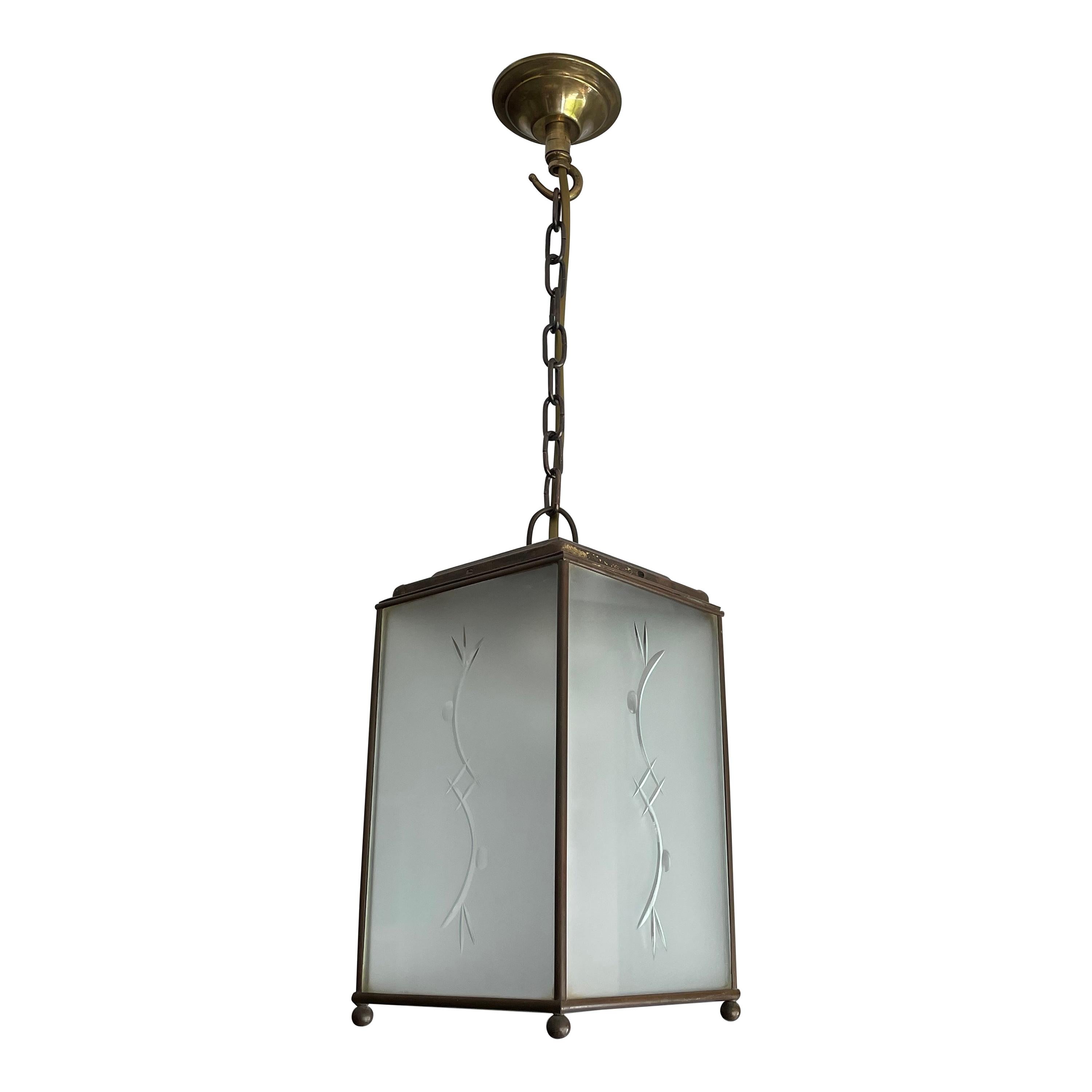 Mid-Century Modern Brass and Glass Hallway Pendant w. Engraved Abstract Pattern For Sale